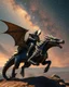 Placeholder: Imagination from far view Battlefield full length Photography of King Elven, riding a flying dragon in the sky, using luxurious battle armor design, made of black and gold metal plates, metal crafts with radiant diamond luster, on the outer surface luxury decoration of very small diamond stones, red diamond stones, Milky Way galaxy background