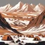Placeholder: A rugged and rocky valley lies in a landscape of grey stone jutting out of red sandy gravel. Large snow-capped mountains loom in the background. The sky is tinted orange, and thin clouds streak the sky like they're being driven by a strong wind. Low irregular canvas tents and small stone huts are clustered in the foreground.