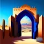 Placeholder: A gothic_arab gate in a blue wall with a view of a desert landscape