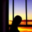 Placeholder: A silhouette of a sensual tender girl longing for a kiss, looking at the sunset from the window that creates her shadow.