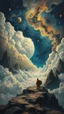 Placeholder: Back in time through a Time Machine in the parallel universe among the galaxies and the stars a big clouds of gas covering the sky from a distance Busch painting style nightmare