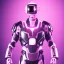 Placeholder: handsome, cute man, handsome man in futuristic suits, black and white highlight hair color, pink and purple background, pink lighting, deep purple backlighting, gun, smoke, robot suits