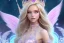 Placeholder: castle in background, beautiful, soft, big smiling, straight and long blonde hair, blues eyes, dewy and shiny atmosphere, diamond crown, long fairy wings in the back, full head, pink veil clothes