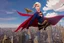 Placeholder: Supergirl flies over New York City carrying a giant Bitcoin of gold