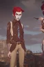 Placeholder: Three 13-15-year-old detectives - two brothers with red hair and a girl with a punk look, dark clouds and brown hair, strong make-up with black cat. In the background, a group of teenagers turned into computer-addicted zombies. Everything is located in an old town.