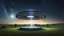 Placeholder: spectacular flying saucer with flashing lights, windows and spotlight onto the ground. Hovering over Stonehenge stone circle, night, dark sky, stars, moon, exquisite composition, beautiful detailed intricate detailed octane render, 8k artistic photography, photorealistic, perfect light, chiaroscuro, award-winning photograph, masterpiece