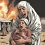 Placeholder: A Palestinian woman wearing the Palestinian dress carries her dead son as she screams and cries at night, with explosions in refugee tents behind her.