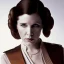 Placeholder: analog style, half-length color photo shoot, three-quarter face pose of carrie fisher as Princess Leia with realistic fine and very simple short hair, entrancing deep brown eyes, Intricate, High Detail, Sharp focus, realism, rim lighting, Nikon D850, ef 85mm 5.6 by Annie Leibovitz, dark plain background