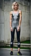 Placeholder: beautiful anorexic woman, total shot, short grey metallic triathlon swimsuit, short blond wavy bob hair, blurred concrete background