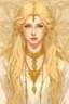 Placeholder: Luxie von Quarheim, aged 19, light cleric aasimar with her golden locks and dark yellow eyes. Despite her royal lineage, her demeanor exudes youthful innocence and curiosity. She has a sun shaped necklace framed by cascading golden hair. Her eyes reflect wisdom beyond her years, contrasting with her porcelain skin and high cheekbones. Style romanticism