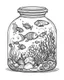 Placeholder: sea life in jar minimalistic, line art, background, vector, svg, coloring book page style, black outline on white background