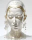Placeholder: the piece shows the sad facial expressions of a female humanoid, 3 transparent tubes in the background, in the style of glass-like sculpture, jocelyn hobbie, glitter and crystals on the top of the head, delicate constructions, light white, creamy white background, exquisite detail