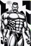 Placeholder: an extremely muscular superhero man wearing a black, skintight, formfitting cowl, a black, skintight, formfitting, Kevlar bodysuit, Silver Wrist Gauntlets, Silver Belt, Silver knee-high boots, black gloves, silver "M" logo on the chest, a mustache and goatee, black gloves,