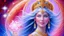 Placeholder: Create an image of a full body cosmic goddess with a smiling and beautiful face. the goddess should be depicted as a beautiful and powerful figure, surrounded by cosmic stars. her hair should be long, blond and flowing, and she should be dressed in a flowing gown blue celestial robe. in the background, include imagery of pink flowers, blue sky, trees. the image should evoke a sense of joy, celebration, and spiritual connection to nature.