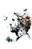 Placeholder: White background, double exposure, portrait of a man in profile, flowers, birds, branches, city, double exposure