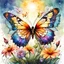 Placeholder: Digital watercolor illustration, beautiful colorful highly detailed butterfly, landing on a bloom of a beautiful dew reflective flower, nature fantasy sunrise, by Waterhouse, Carne Griffiths, Johanna Basford, Os Gemeos, Stylized watercolor art, Intricate, Complex contrast, HDR, Sharp, soft Cinematic Volumetric lighting, deep vibrant lush luminous colors, perfect masterpiece