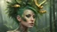 Placeholder: punk 45 years old, forest on head, plant hair, green plants, golden birds, golden makeup, tattoo, shiny aura, very detailed, fine rendering, high detail, high resolution, 8K