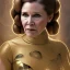 Placeholder: hyperspace background, complete and photo realistic detailed head to waist stunning photo realistic portrait of carrie fisher as Princess Leia in star wars with photo realistic updo hair by Mandy Jurgens and mucha and Richard Schmid and chuck close and chie yoshii, extraordinary and detailed ceremony dress of star wars,brown eyes