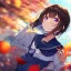 Placeholder: Clear focus,High resolution, one girls, Short brown hair, Purple eyes, Wearing a sailor uniform jumping with blurry sakura leafs falling down