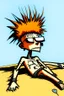 Placeholder: 2d drawing of a stickman, cool with punk hair, x eyes like in hangman, no shirt, swim pants, laying down, tanning in the sun, 3d realistic in colour