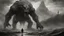 Placeholder: The described image presents an extremely horrifying scene with grayscale colors dominating the picture, creating a dark and eerie atmosphere. In this context, there is a massive, monstrous creature positioned prominently in the foreground of the image. This monster appears to be mythical and intensely frightening, characterized by its terrifying features and its colossal, imposing body that exudes immense power. When one looks at this monster, its face and eyes exhibit horrifying details, seem