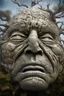 Placeholder: surrealis monochrome A fragmented, surreal sculpture liguid color of photorealistic image 3d,psychedelic art of an old man face glossy emerging from dreamlike a crumbling building. The face appears pale with deep cracks and intricate details, evoking a haunting expression. Blackened tree branches intertwine with the gold mengkilat cracks, set against a backdrop of stormy, cloud-filled skies. bauhaus art The overall tone is dark and moody, suggesting themes of decay and transformation. Include