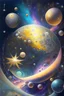 Placeholder: A 3D fantasy painting of an enchanted galaxy in space with bright and shiny silver and gold stars and colourful glittery planets.