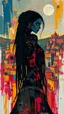 Placeholder: full body, wildly stylized abstract realist painting of a bold, audacious female vampire with highly detailed long dark braided hair and facial features and glowing eyes in the style of Jeremy Mann, her silhouette residing amidst bold, attention-grabbing abstract design that's defined by a wash of vibrant, highly saturated natural hues, juxtaposed against stark, surrealist medieval Spanish landscape of bustling colored cityscapes