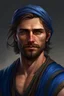 Placeholder: a man in his late twenties, olive skin, messy brown hair, long flat face, short facial hair, blue turban, in a blue vest, realistic epic fantasy style