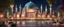 Placeholder: Hyper Realistic lots of people in a Huge multicolor rustic wall textured Mosque with beautiful fountain inside a garden at beautiful night with decorative lights