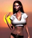 Placeholder: lady with big bobs white top and black hawk at sunset