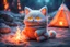 Placeholder: Against a dark cracked holographic marble background, a cute chibi plushy fluffy knitted and embroidered cat, tent, campfire, pond, mist and fog in sunshine, drawn in orange glowing neon lines. The cracks in the background are golden. Ethereal, cinematic postprocessing.