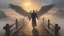 Placeholder: constantine, walking straight ahead over a wooden bridge, holding the angel of death with your right hand, entering the fog at the end of the road that leads to the afterlife, and a beautiful sunset and galaxy's behind the fog, realistic