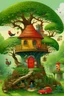 Placeholder: Une petite maison en bois, perchée au sommet d'un grand arbre aux branches robustes, au milieu d'une forêt dense et verdoyante. La maison a des fenêtres rondes, une porte rouge et une cheminée qui fume. Des oiseaux colorés et des écureuils curieux se promènent autour de la maison, tandis qu'un ruisseau scintillant coule à proximité.