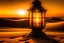 Placeholder: Illuminated golden oriental lantern lying on the sand in the desert dunes at sunset