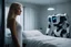 Placeholder: [replicant] a blonde 40yo woman stands before a sleek, humanoid robot in her bedroom. She gazes at the soft and warm machine with a mixture of curiosity and longing, her heart pounding in anticipation of what is to come.With a hesitant but determined step, she reaches out and touches the robot's cold, smooth surface.