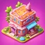 Placeholder: sweet cake into cartoonist house style model isometric top view for mobile game bright colors, color render hyper, lovely , surreal