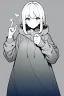 Placeholder: girl dressed in a loose sweatshirt and with one hand on her heart, line arts, greyscale