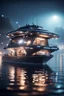 Placeholder: a misty catamaran raft modular house boat that looks like a dark twisted alien space ship with spotlights, in advanced hi tech dock, bokeh like f/0.8, tilt-shift lens 8k, high detail, smooth render, down-light, unreal engine, prize winning