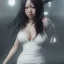 Placeholder: hitomi tanaka, dress white, long black hair, realistic, intriacte detail, sci-fi fantasy style, volumetric lighting, particales,highly detailed,cinamatic, deep colours,8k