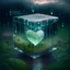 Placeholder: transparent cube with an electric heart in paradise nature in the rain