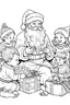 Placeholder: Christmas coloring page with Santa Claus giving children special gifts, a bold ink line sketch drawing illustration.