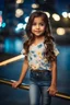 Placeholder: Little 6 years old beautiful girl perfect face,1girl wearing a pretty shirt and jean pant, standing pose,modern city ,night view