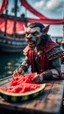 Placeholder: portrait of a vampire werewolf with mustage eating watermelon and the blood of fish on a viking ship, on a glass pier ,bokeh like f/0.8, tilt-shift lens 8k, high detail, smooth render, down-light, unreal engine, prize winning