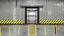 Placeholder: wall design for parking garage, concrete, yellow marking lines, hazard lines, weathering and water stains, realistic elevator doors in middle. a sign is above the elevator doors. rough painted hashmarks and parking lines