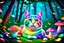 Placeholder: A rainbow-colored cat with golden and teal eyes resting in a magical forest, surrounded by glowing mushrooms, neon vines, and fragmented light. The background is dreamy and surreal. --v 7 --style raw --ar 4:5 --q 2