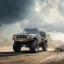 Placeholder: stylized hyperrealistic shot, muddy military nukizer toy truck, monotone color palette, sharp focus, puddle reflection, tire water splash, refraction, mist on the horizon, shadowcast, god rays, detailed and intricate, cinematic composition, micro, tilt shift photography