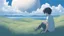 Placeholder: giant half transparent virtual moon, glitchy, blurry, mechanical, sci-fi, maximum quality, centered on frame, far view, in the middle of a grassy hill, white sky with cumulonimbus, manga, makoto shinkai style, blue sea