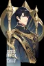 Placeholder: A handsome 30 year old knight, black hair, dark blue eyes, male bob haircut, in black-and-gold plate armor, no beard, european, portrait