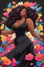 Placeholder: A sassy thick-lined magna style cartoon black female lounging lazily on her side, surrounded by colorful large flower petals. her curvy body silhouette a black maxi dress. Looking up coyly, she grins widely, showing teeth. Her poofy hair forms a mane framing her confident, regal expression.
